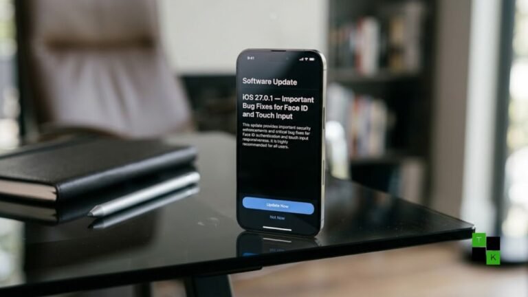 An iPhone 18 Pro resting on a desk displaying an iOS 27 software update screen alongside a Face ID security icon.