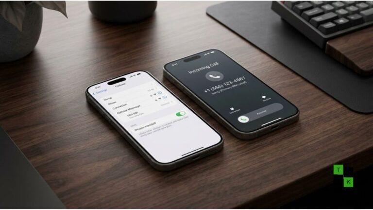 Two sleek iPhones resting side-by-side on a wooden surface displaying the iOS 27 Cellular Settings and iPhone Handoff interface.