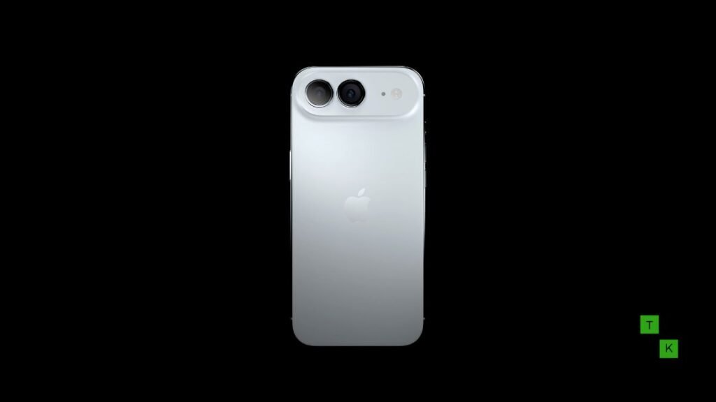 An ultra-thin iPhone Air 2 in titanium with dual 48MP camera lenses resting on a minimalist studio podium.