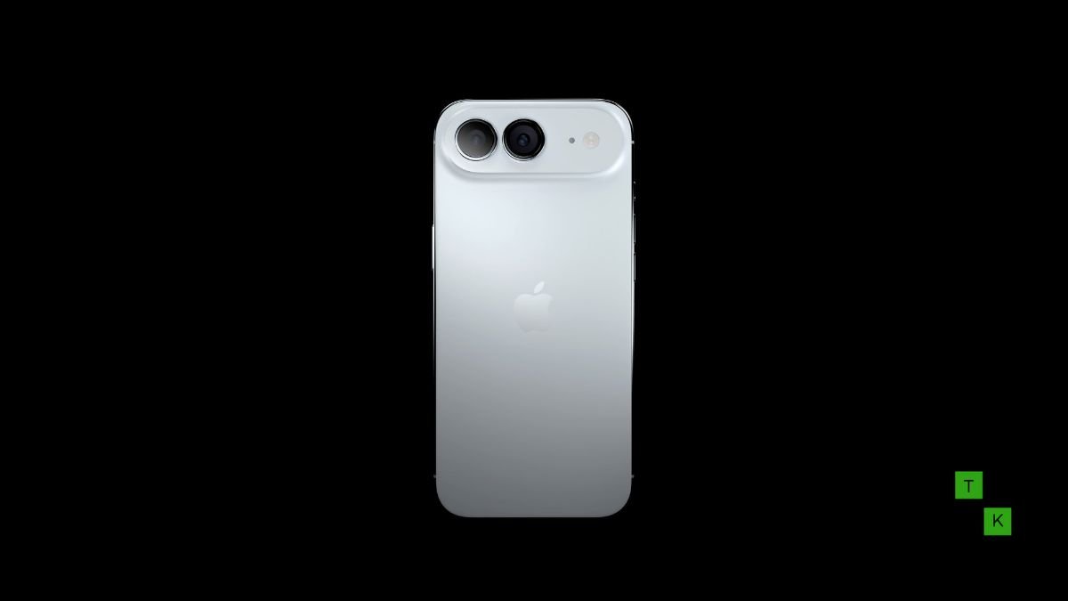An ultra-thin iPhone Air 2 in titanium with dual 48MP camera lenses resting on a minimalist studio podium.