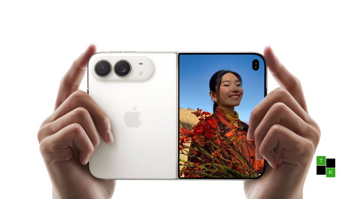 Apple iPhone Duo foldable smartphone open and closed showing its 7.6-inch inner display and 5.4-inch outer screen