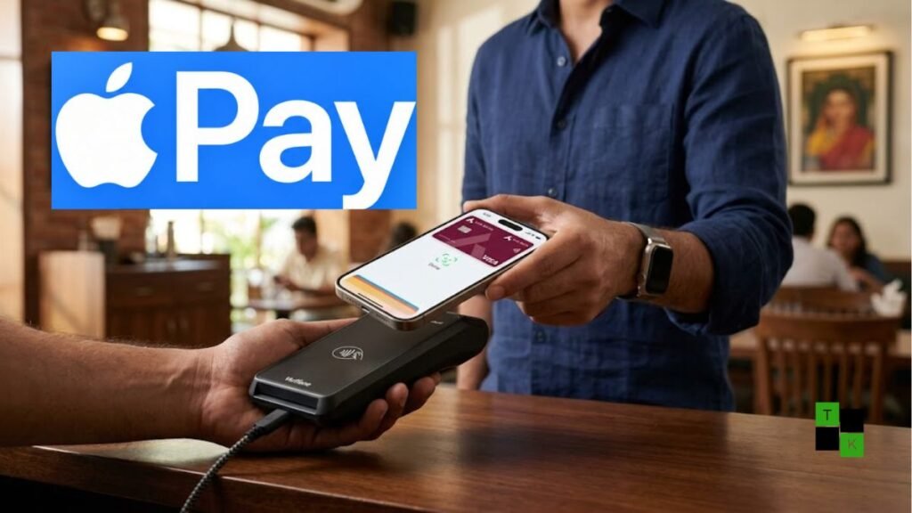 An iPhone hovering over a modern retail POS terminal in India with Apple Pay's checkmark on screen.