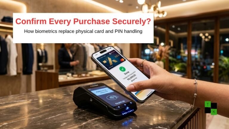 An Apple iPhone displaying an active Apple Wallet card screen completing a tap-to-pay transaction on a modern payment terminal in India.