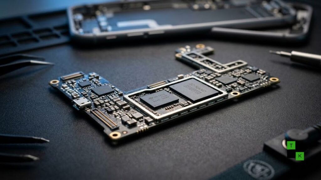 An Apple iPhone logic board showing exposed LPDDR5X RAM and NAND flash memory chips under studio lighting.