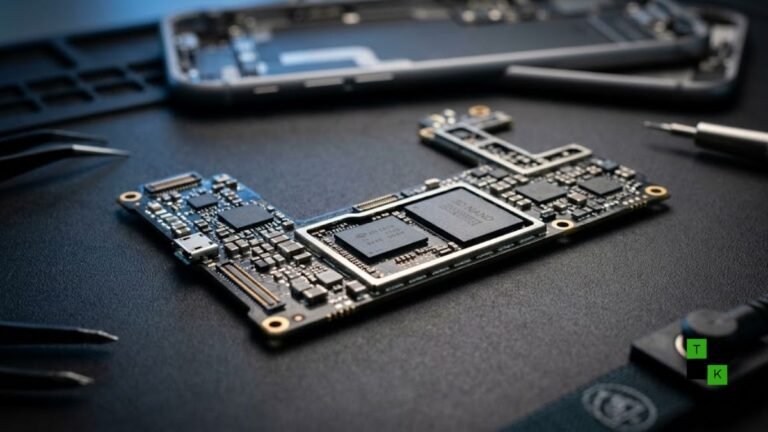 An Apple iPhone logic board showing exposed LPDDR5X RAM and NAND flash memory chips under studio lighting.