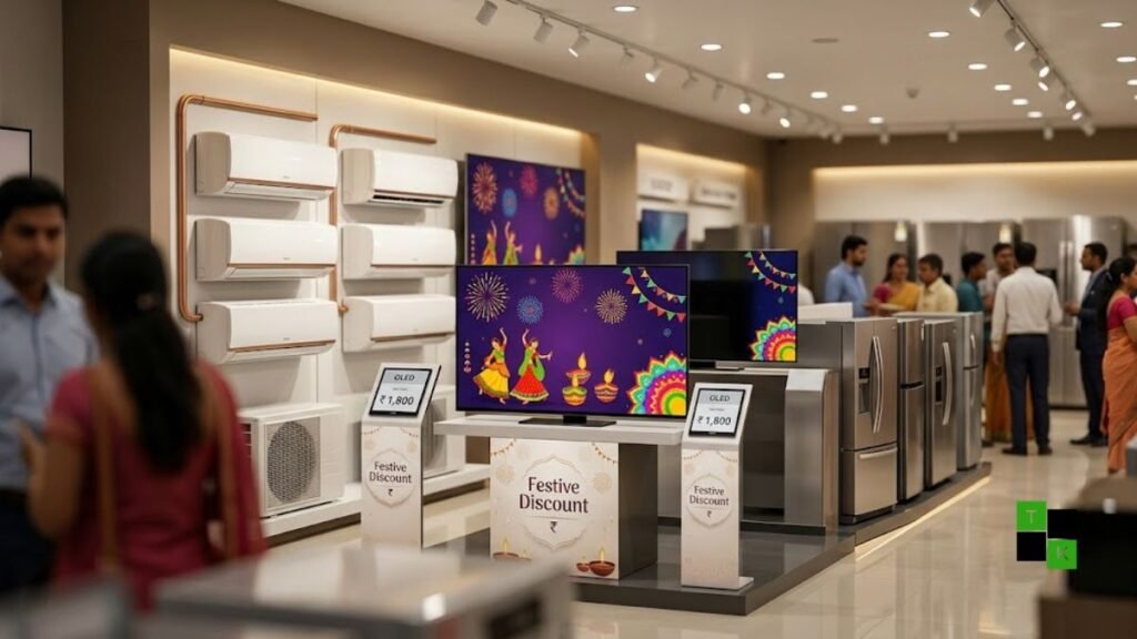 A modern Indian consumer electronics showroom displaying premium split air conditioners, smart LED televisions, and refrigerators under warm festive retail lighting.