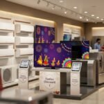 A modern Indian consumer electronics showroom displaying premium split air conditioners, smart LED televisions, and refrigerators under warm festive retail lighting.