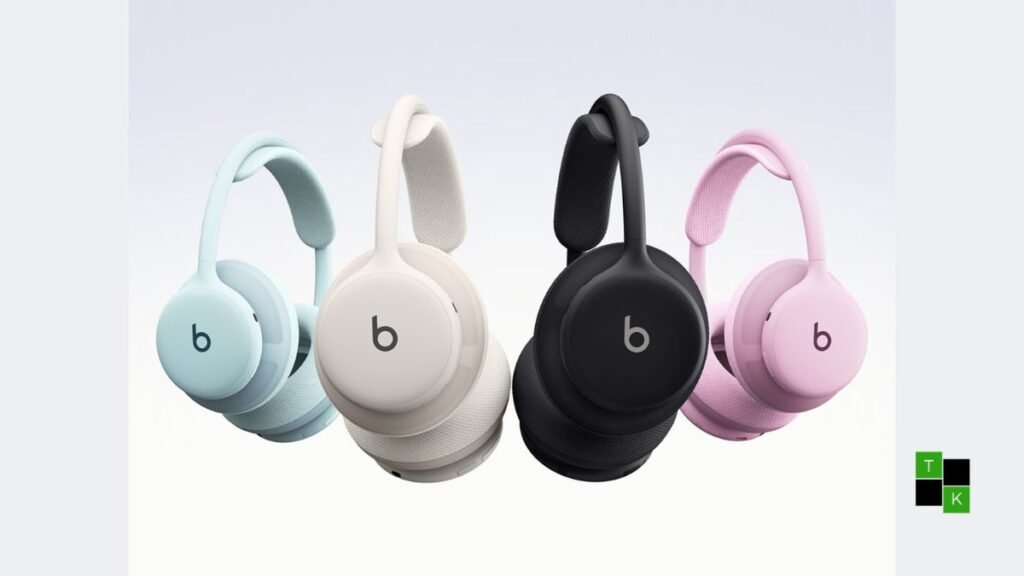Beats 360 over-ear headphones in Cloud white with swappable Performance Knit ear cushions displayed in various colors.