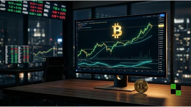A modern financial terminal displaying green Bitcoin upward candlestick charts and on-chain MVRV metric graphs.