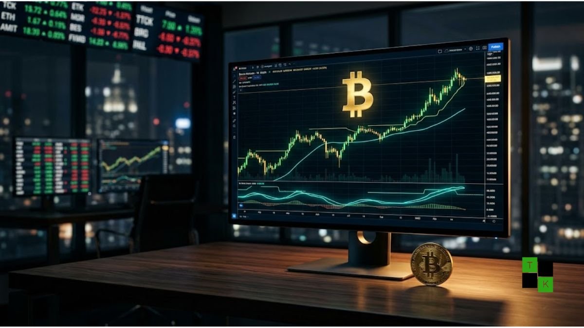 A modern financial terminal displaying green Bitcoin upward candlestick charts and on-chain MVRV metric graphs.