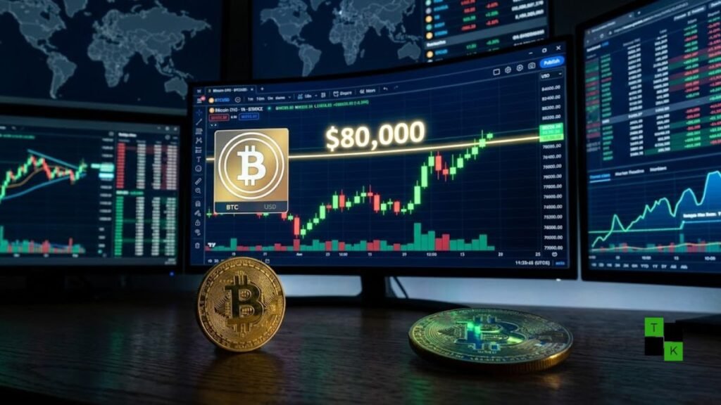 A modern crypto trading terminal displaying Bitcoin's candlestick chart pressing toward the $80,000 resistance line.
