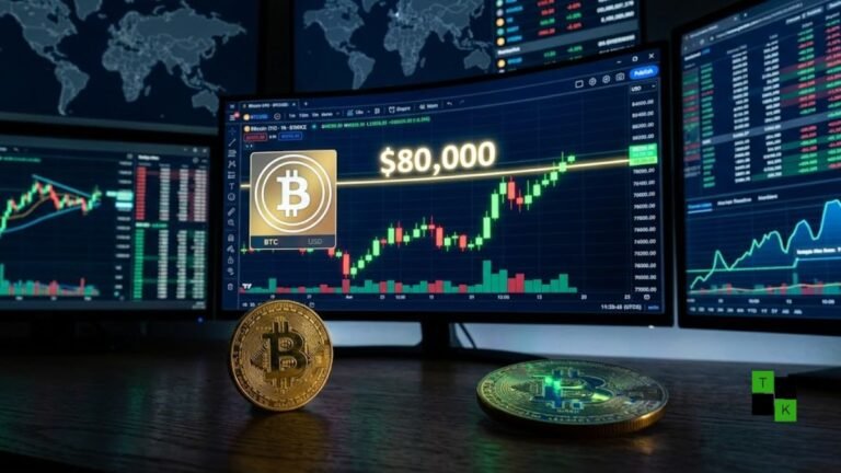 A modern crypto trading terminal displaying Bitcoin's candlestick chart pressing toward the $80,000 resistance line.
