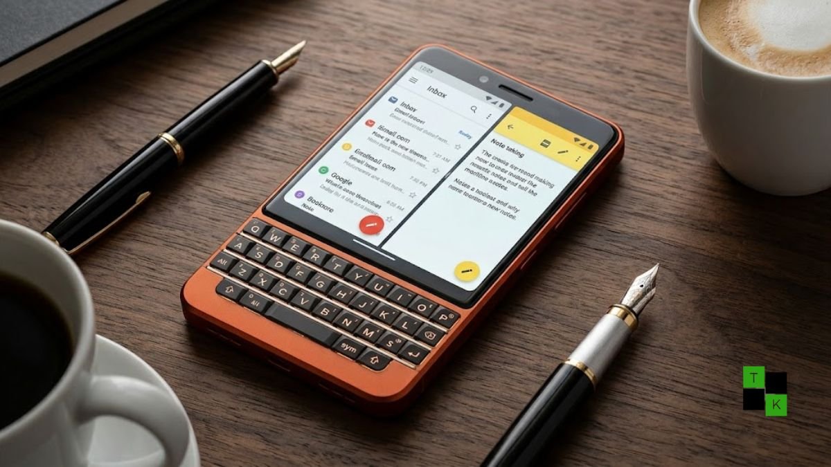 A modern physical QWERTY keyboard smartphone in metallic orange resting on an executive desk beside a notebook.