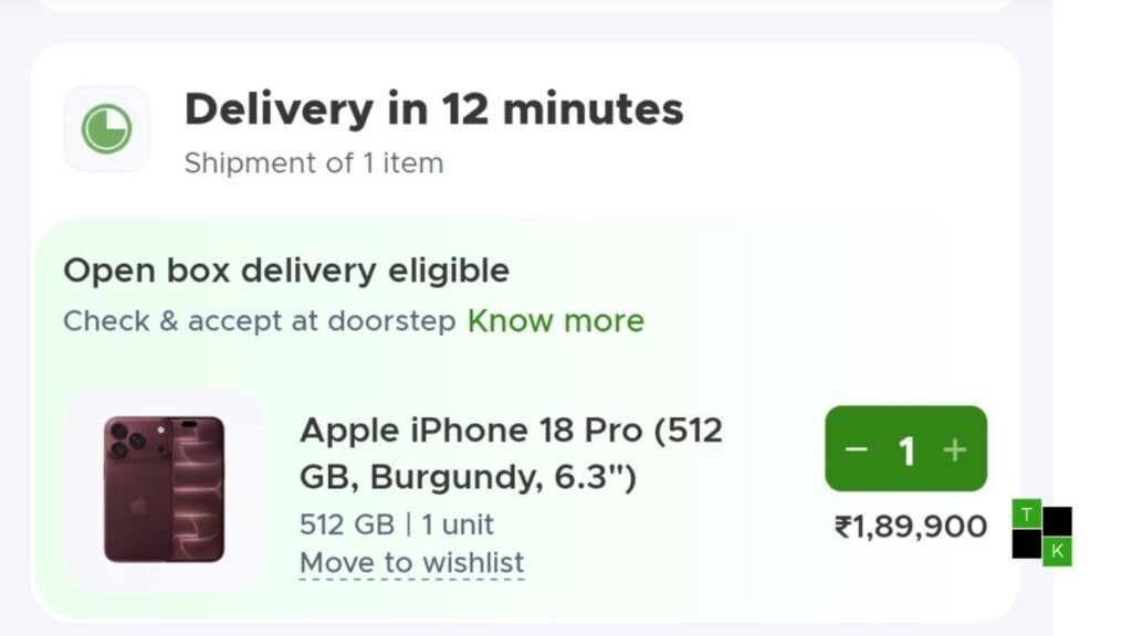 A Blinkit delivery courier handing a sealed iPhone 18 Pro box to a customer at a home doorway.
