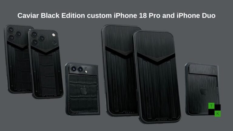 Caviar Black Edition custom iPhone 18 Pro and iPhone Duo folded on a dark carbon surface showing brushed titanium chassis and camera-free backplates.