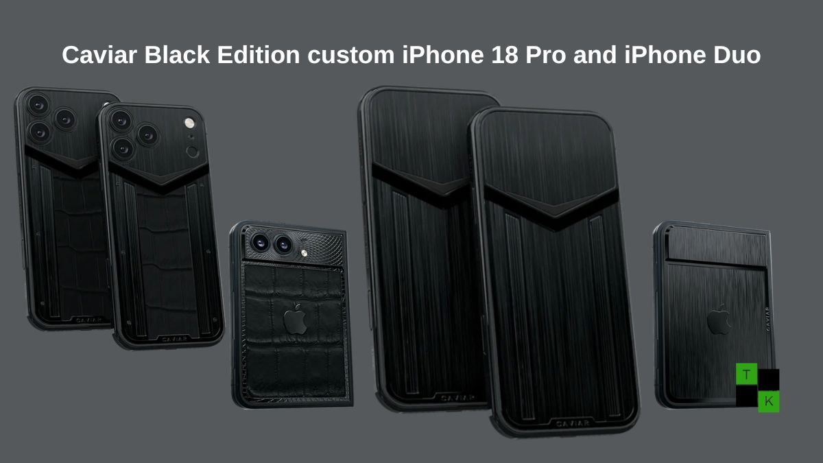 Caviar Black Edition custom iPhone 18 Pro and iPhone Duo folded on a dark carbon surface showing brushed titanium chassis and camera-free backplates.