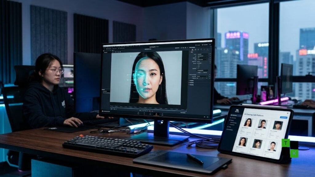 A digital display showing biometric facial recognition wireframes and AI actor licensing profiles.