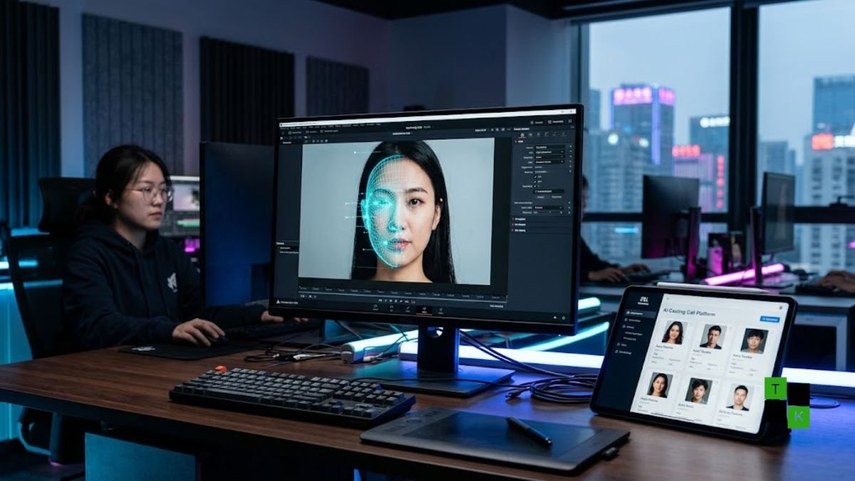 A digital display showing biometric facial recognition wireframes and AI actor licensing profiles.