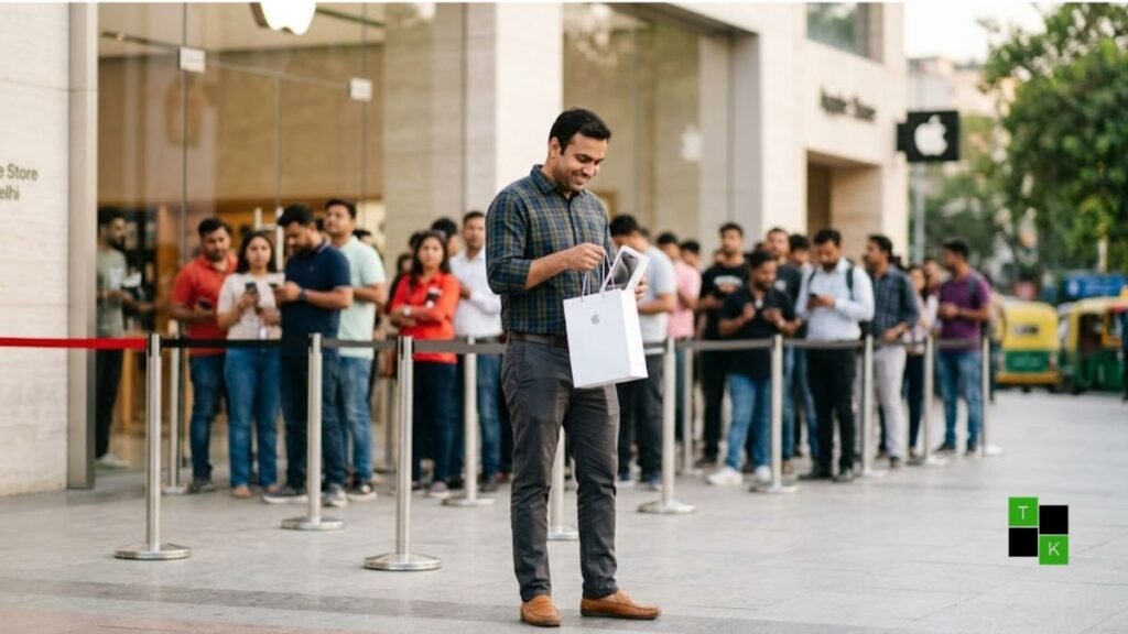 A customer outside Apple Saket holding a sealed iPhone 18 Pro retail bag after buying it on launch day.
