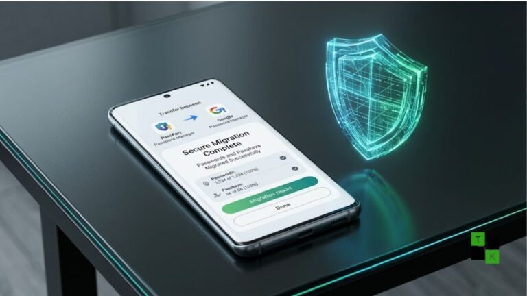 A modern Android smartphone displaying a secure transfer dialogue between password managers with passkey shield graphics.