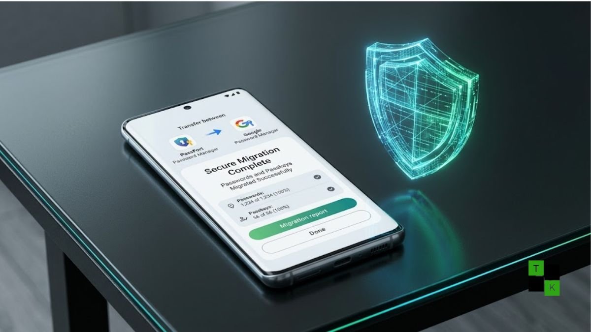 A modern Android smartphone displaying a secure transfer dialogue between password managers with passkey shield graphics.