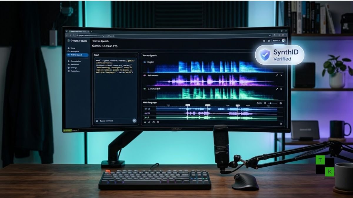 A modern AI developer workstation displaying Gemini 3.8 Flash TTS audio wave controls, multilingual tags, and SynthID verification badges.