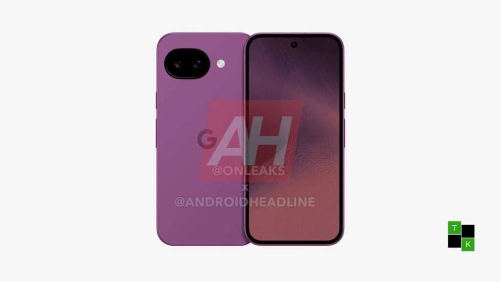 High-resolution 3D CAD renders of the Google Pixel 11a in striking purple showcasing its flat sides, rounded corners, and shorter camera bar.