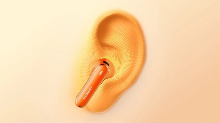 The Huawei FreeBuds 7 semi-in-ear wireless earbuds resting beside their pebble-shaped charging case in Sunlight Orange.