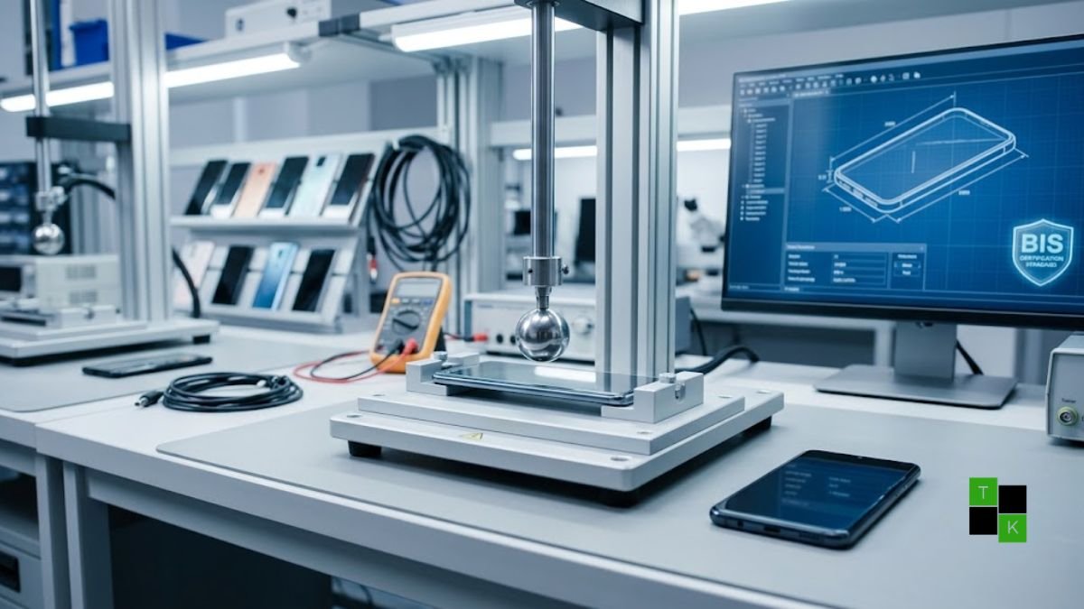 A modern smartphone screen protector undergoing precision lab stress testing next to an official BIS certification seal.
