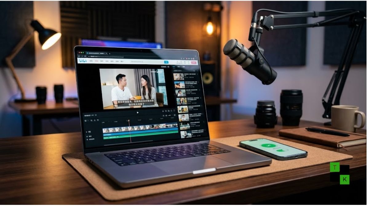 A modern workspace with an editing laptop showing Bilibili's website alongside a smartphone running a VPN connection.