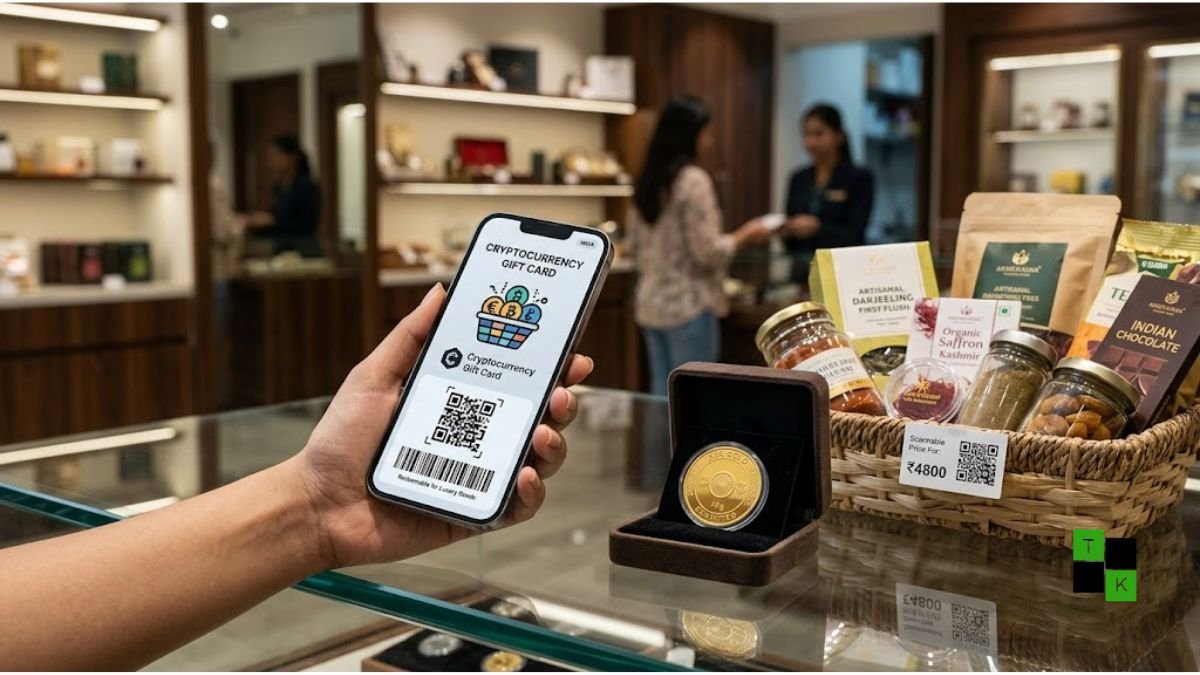 A shopper holding a smartphone displaying a digital gift card barcode next to a basket of groceries and gold jewelry on a glass counter.