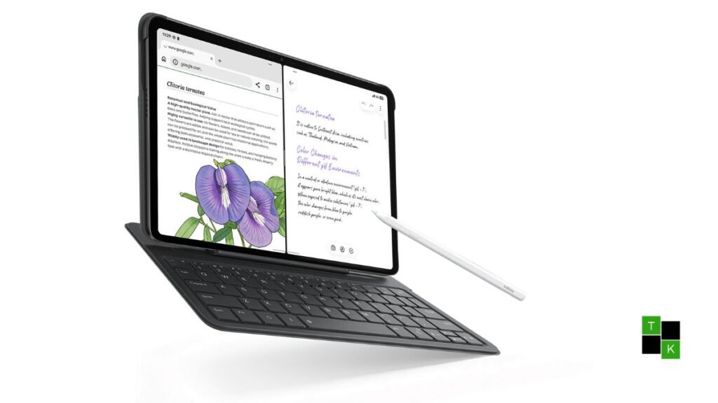 The Infinix Xpad 30 Pro tablet in Twilight Purple docked with its keyboard folio and X Pencil 20 stylus on a modern study desk.