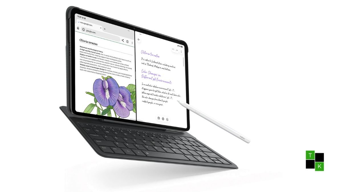 The Infinix Xpad 30 Pro tablet in Twilight Purple docked with its keyboard folio and X Pencil 20 stylus on a modern study desk.