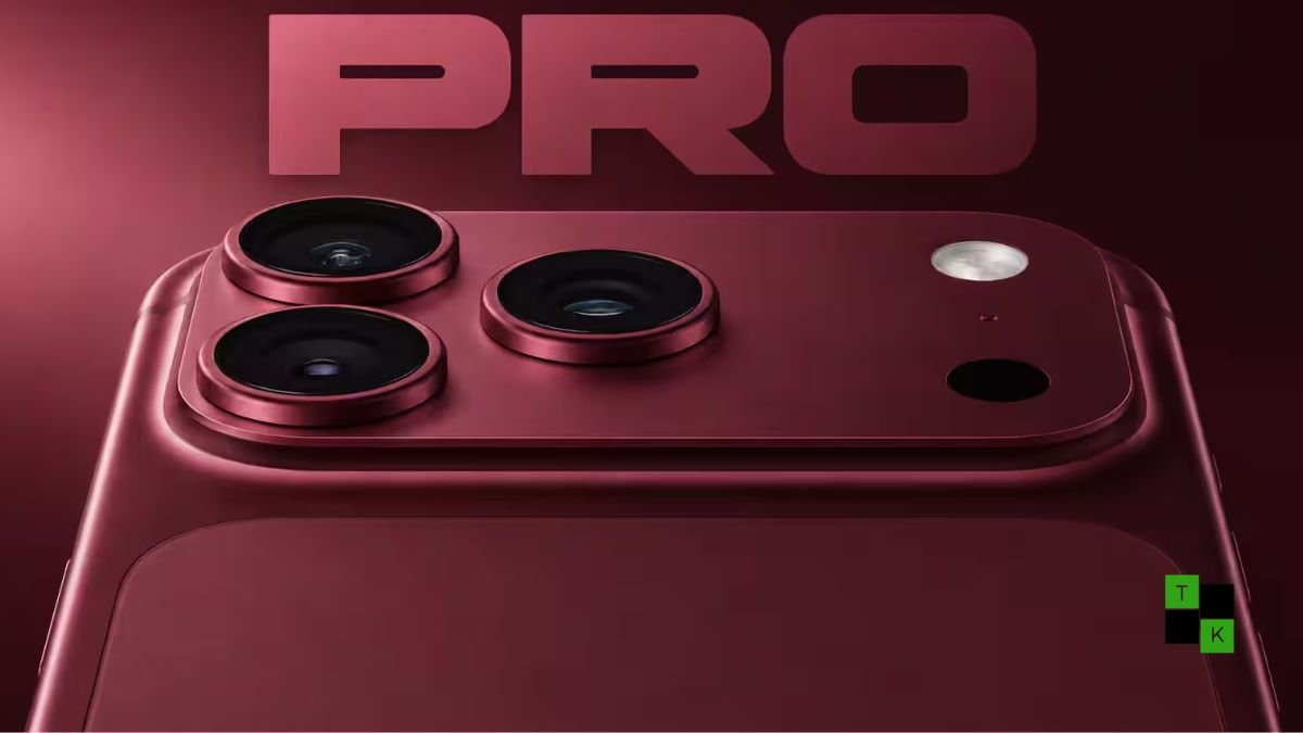 An Apple iPhone 18 Pro in deep Burgundy resting upright next to its sleek titanium frame under studio lighting.