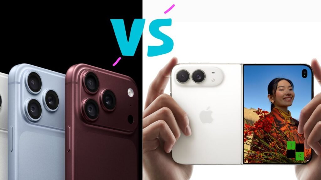The iPhone 18 Pro Max in titanium resting beside the unfolded iPhone Duo showing its 7.6-inch inner display and multitasking interface.