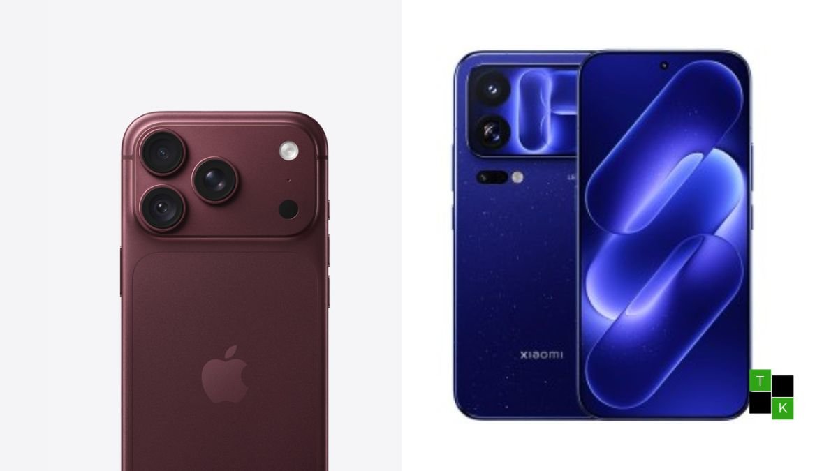 The Apple iPhone 18 Pro Max in Natural Titanium and the Xiaomi 18 Pro Max displayed together on a studio pedestal.