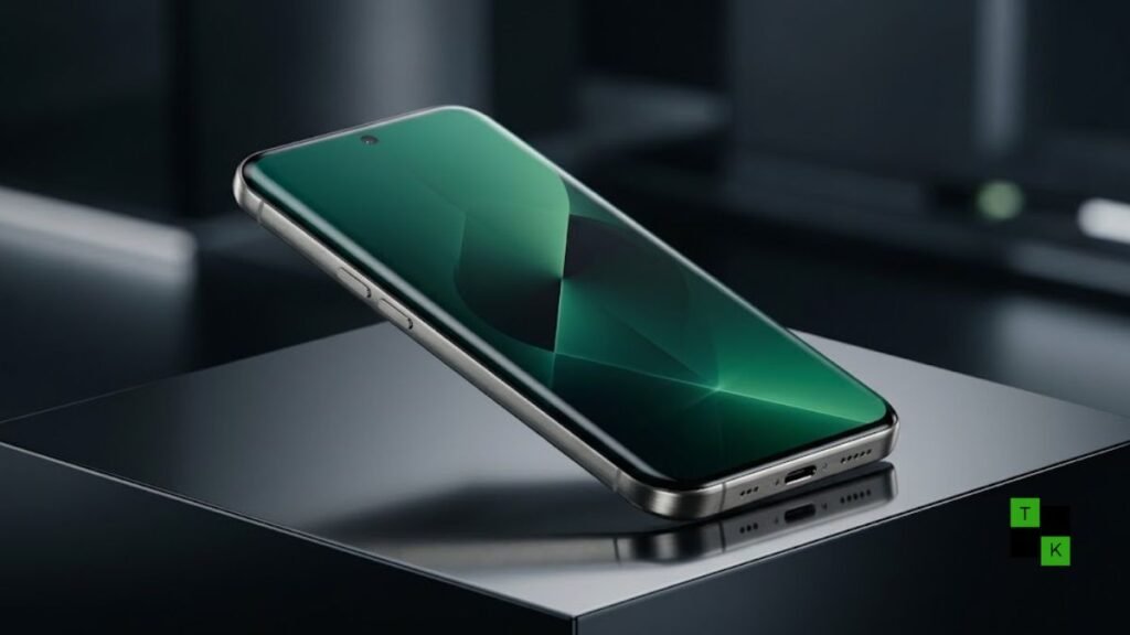A modern smartphone render depicting Apple's rumored iPhone 20 Pro with a borderless quad-curved display and a tiny camera cutout.