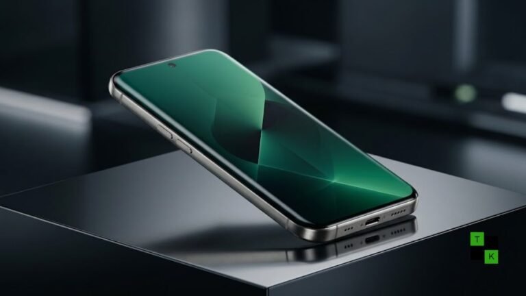A modern smartphone render depicting Apple's rumored iPhone 20 Pro with a borderless quad-curved display and a tiny camera cutout.
