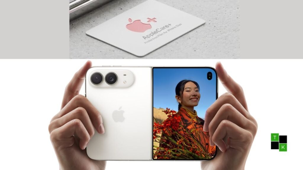 An Apple iPhone Duo foldable smartphone resting partially folded on a plinth beside an AppleCare protection badge.