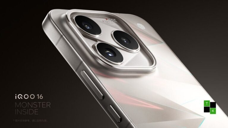 The iQOO 16 smartphone in Light Chaser white showing its redesigned camera module with a raised lip and 100x zoom text.