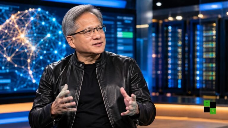 NVIDIA CEO Jensen Huang speaking during an interview about artificial intelligence safety and the 2030 extinction debate.