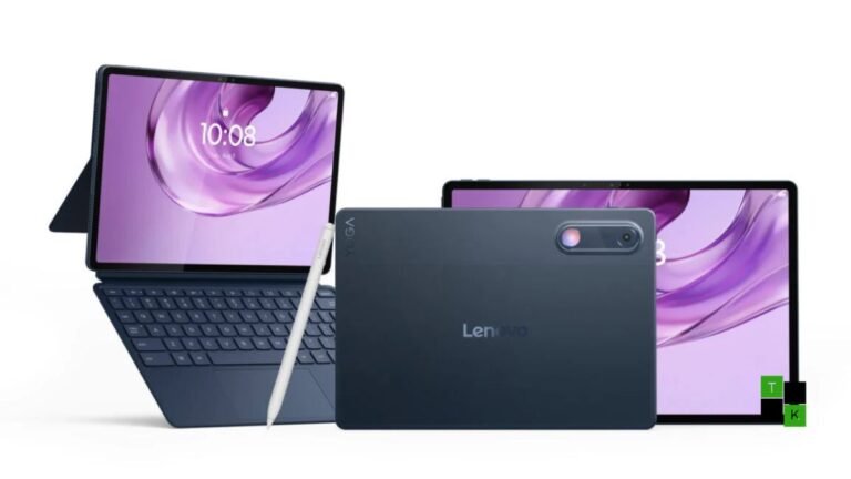 The Lenovo Yoga Tab Plus Gen 2 tablet standing on its kickstand in Cosmic Blue with the Tab Pen Pro 2 resting next to its 4K screen.