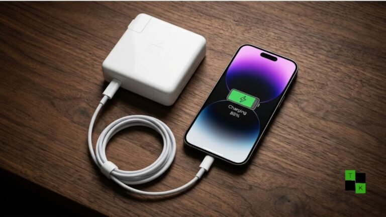 An Apple 96W MacBook power adapter connected via a white USB-C cable next to an iPhone 18 Pro showing a charging screen.
