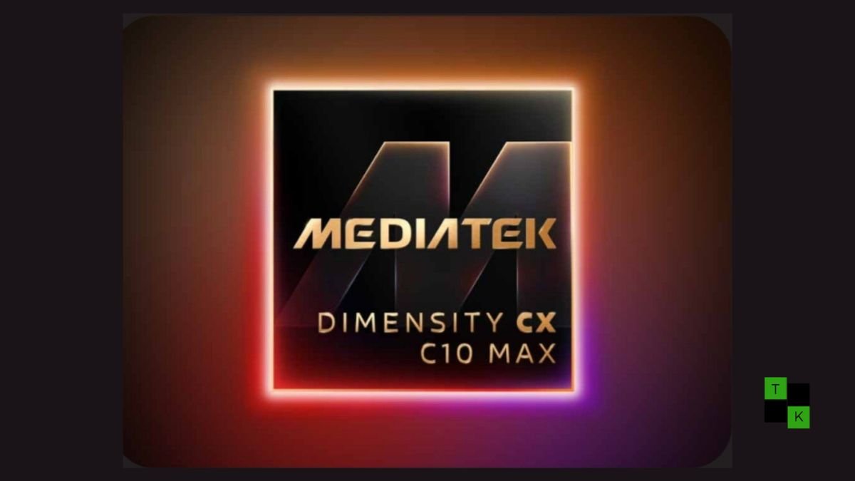 MediaTek Dimensity CX C10 Max 3nm processor branding graphic for thin fanless Googlebook laptops.