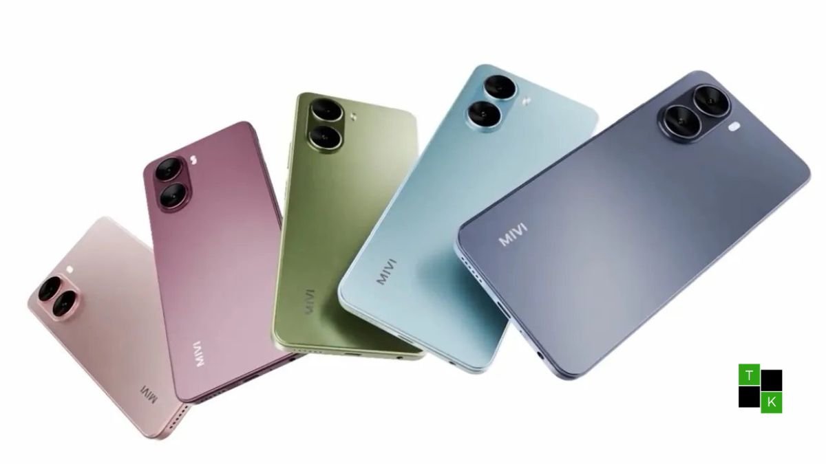The Mivi One 5G smartphone in Burgundy and Green displaying its punch-hole screen and dual rear camera module.