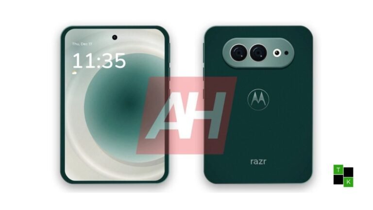A 3D mockup of the Motorola Razr Flex wide foldable smartphone in PANTONE Dark Botanical Garden finish resting on a dark desk.