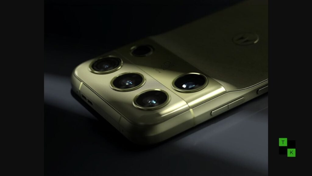 The Motorola Signature 27 smartphone featuring a textured Pantone Capulet Olive vegan leather back and brushed gold camera trim.