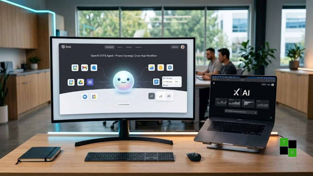 A modern AI workspace monitor displaying OpenAI's Dots agent dashboard alongside a browser URL bar showing Dot.com redirecting to Grok.