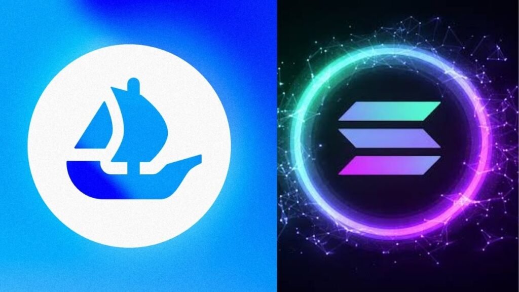 A modern 3D rendering of the OpenSea ship logo merging with Solana's purple and cyan gradient wave background.