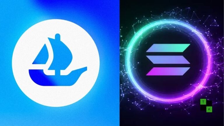A modern 3D rendering of the OpenSea ship logo merging with Solana's purple and cyan gradient wave background.